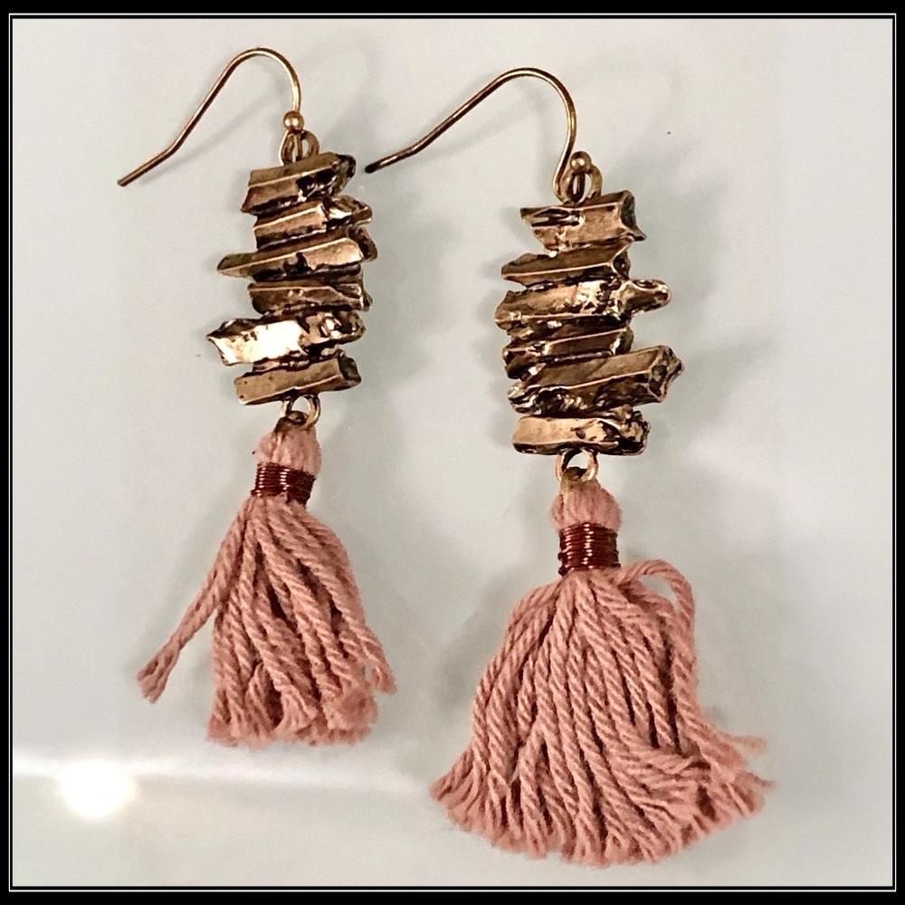 Clearance! New Pink rust tassel rope modern bronze graphite stone boho earrings